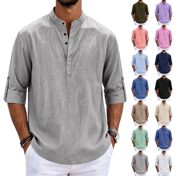 Evdexr Men's Linen Shirts 3/4 Sleeve Henley Tees Summer 2026 Solid Camping Shirt Collarless Button Up Breathable Casual T-Shirt S