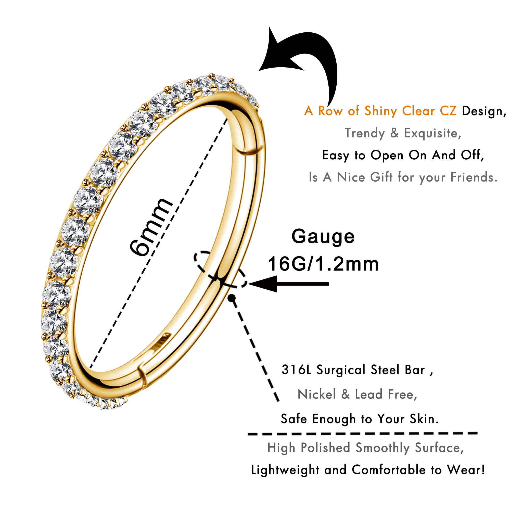 OUFER Gold Hinged Segment Earring Hoop 16G Stainless Steel with Cartilage Earrings Clear CZ Paved Tragus Helix Earrings Cartilage Earring Septum Nose Ring Hoop 