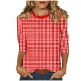 thumbnail image 2 of Tops for Women under $5 3/4 Sleeve Plaid Round Neck Casual Print T-shirt Blouse Red, 2 of 5