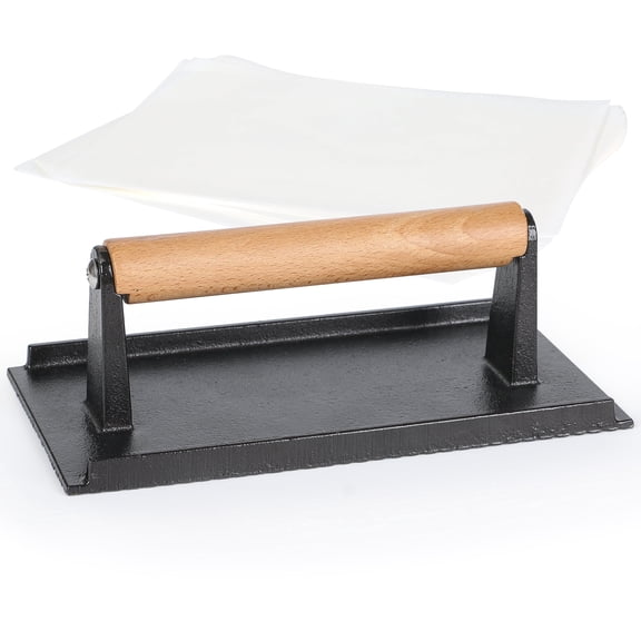 STYDDI Rectangle Heavy-Duty Cast Iron Burger Press with Wooden Handle, Gill Press for Smash Steaks, Bacons and Paninis, Ideal for BBQ, Pan and Flat-top Griddle, incl. 50pcs Patty Papers