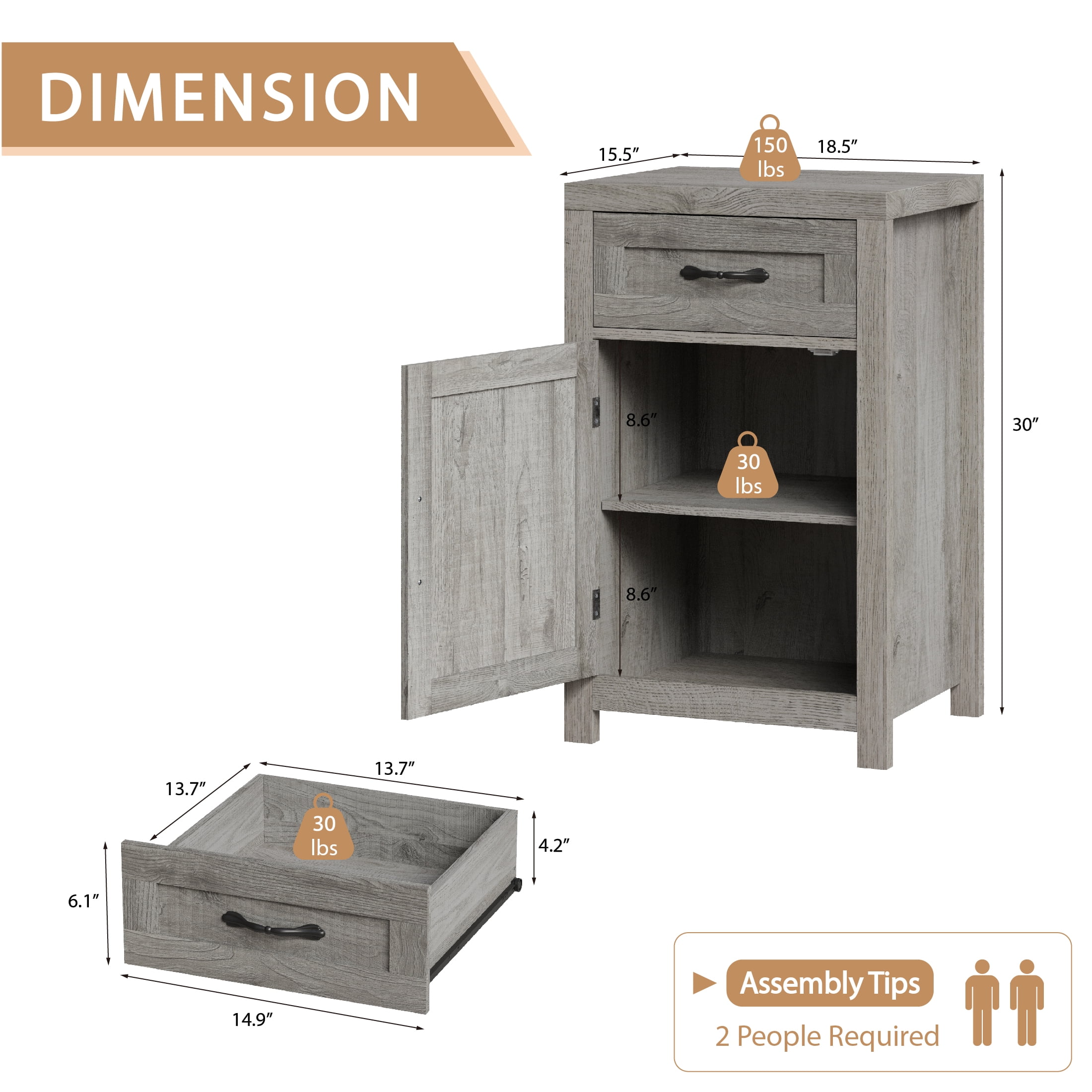 YouTrend Farmhouse End Table with Drawer and Storage Cabinet for Living Room,Rustic Adult Nightstand for Bedroom,Gray