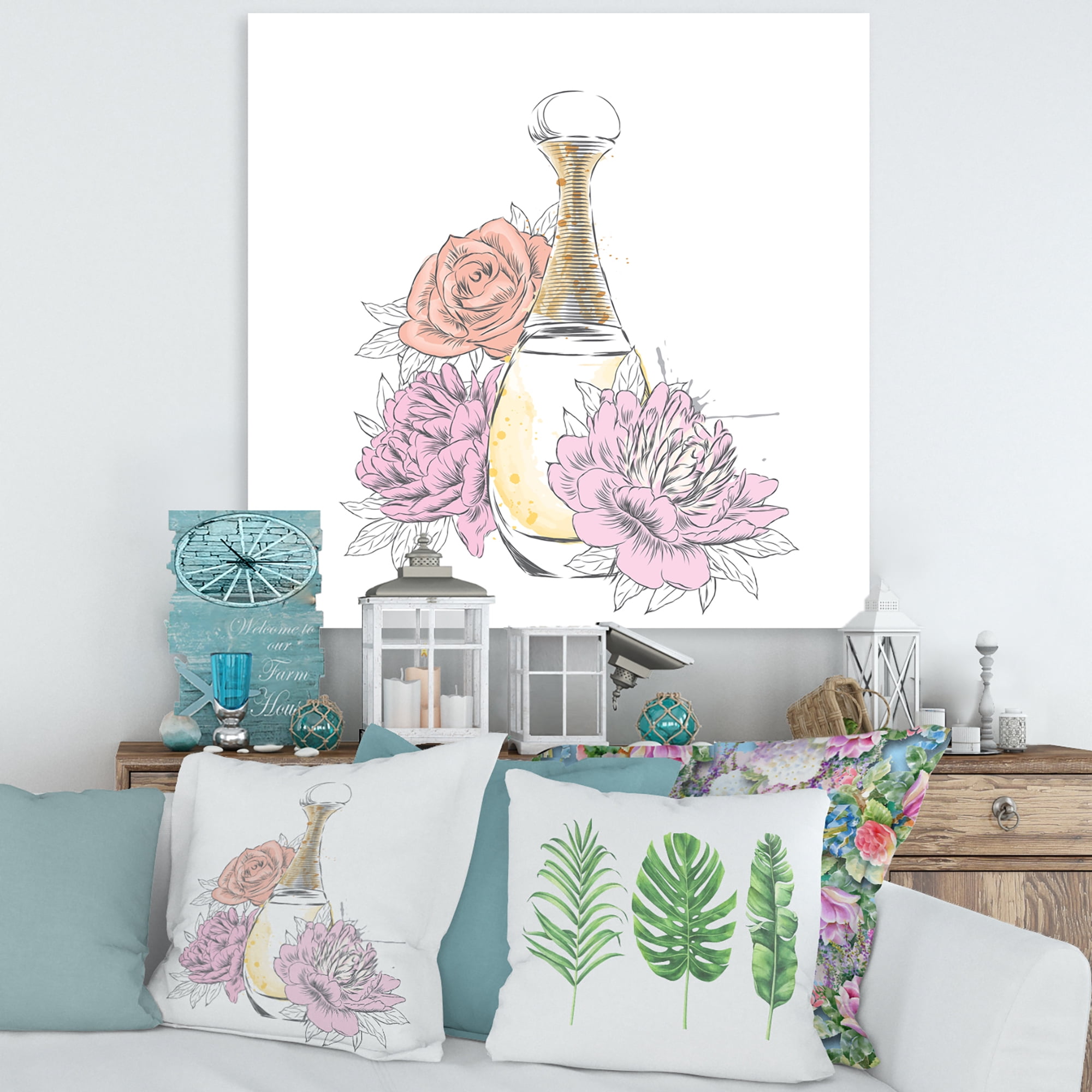 Designart ' Bouquet of Flowers and Perfume Bottle I ' Traditional Canvas Wall Art Print
