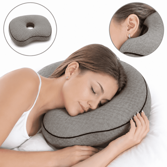 Pozico Ear Piercing Pillow for Side Sleepers, 4 Inch Ear Hole Pillow with Soft Velvet Washable Cover, Pressure Relief Support Cushion, Gray