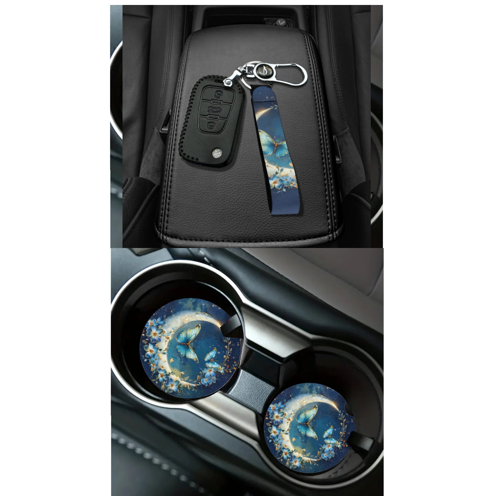 Jeiento Moon Butterfly 15 PCS Car Accessories Universal Auto Seat Protector Steering Wheel Cover Seatbelt Strap Pad Trash Can Mount Storage Pocket Cup Holders Rearview Mirror Cover Keychain