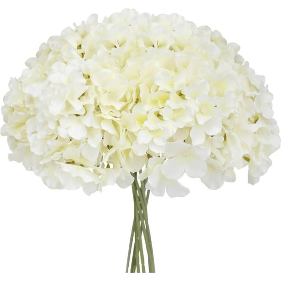 Fake White Hydrangea Artificial Flowers - Faux Silk Hydrangeas Flowers Heads with Stems Real Touch for Home Wedding Party Table Decor(CreamWhite,Pack of )