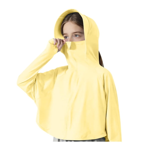 Girls Boys UPF 50 Sun Hoodie Shirts with Mask and Brim Long Sleeve UV Protection Ice Silk Zip Sunscreen Clothes Yellow 13-14 Years