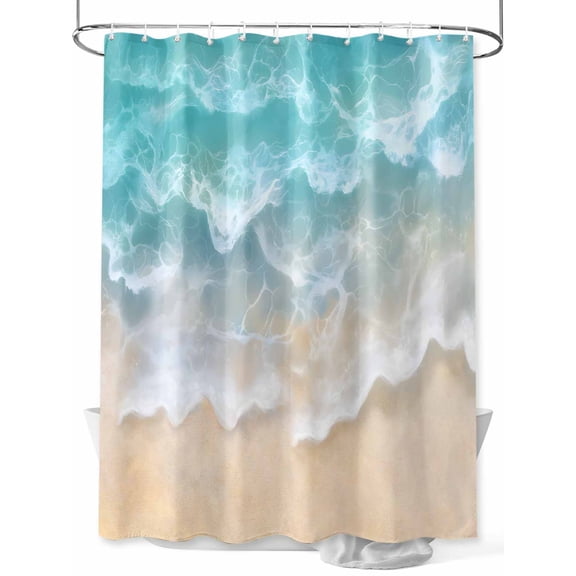 Summer Coastal Shower Curtain, Teal Beach Ocean Wave Waterproof Shower Curtain Set with 12 Hooks Lightweight Washable Fabric Shower Curtains for Bathroom 72x72 Inches