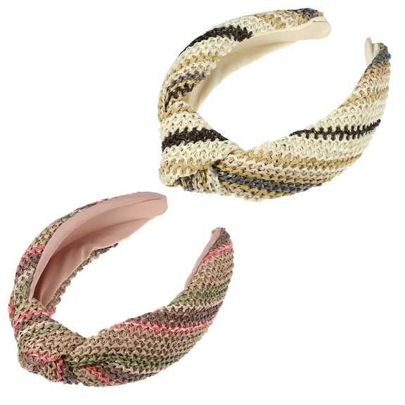 Unique Bargains 2 Pcs Straw Rattan Sponge Headband Bohemian Style Knotted Hair Hoop for Women and Girl Assorted Color
