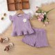 thumbnail image 4 of Conjuntos de blusas y camisas de cuello redondo y manga corta para niñas Conjunto de top con mangas voladoras y volantes con flores Conjunto de punto de verano para niñas Tops de poliéster para niñas, 4 of 9