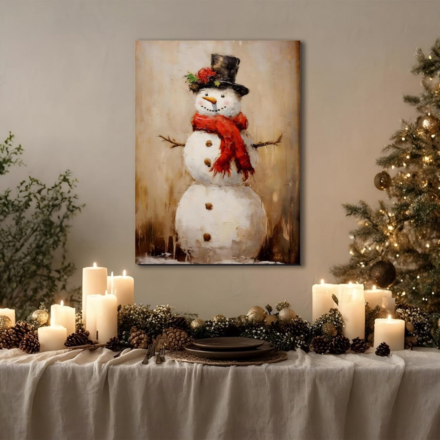 Rustic Snowman Christmas Wall Art, Framed Christmas Pictures for Bedroom & Bathroom Wall Decorations, Farmhouse Winter Scene Painting Canvas Prints for Living Room