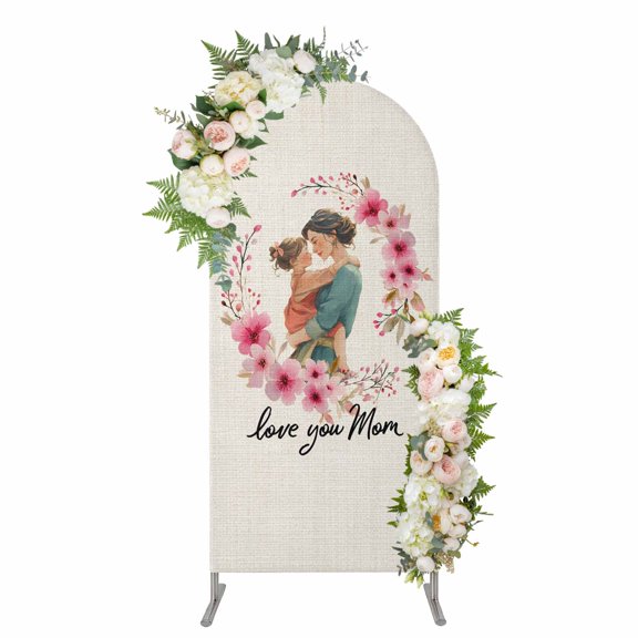Arch Covers, Mother's Day Arch Covers Stretchy Backdrop 6.6'x3.3', Hug Love You Mom Pink Flowers Beige Spandex Fitted Round Top Chiara Arches Backdrop Cover for Wedding Party Birthday Banquet