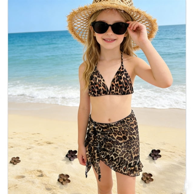 REDARER Girls 3-Piece Leopard Print Halter Bikini Swimsuit with Ruffle Sarong Bathing Suit for Big Kids Teens,10-11 Years