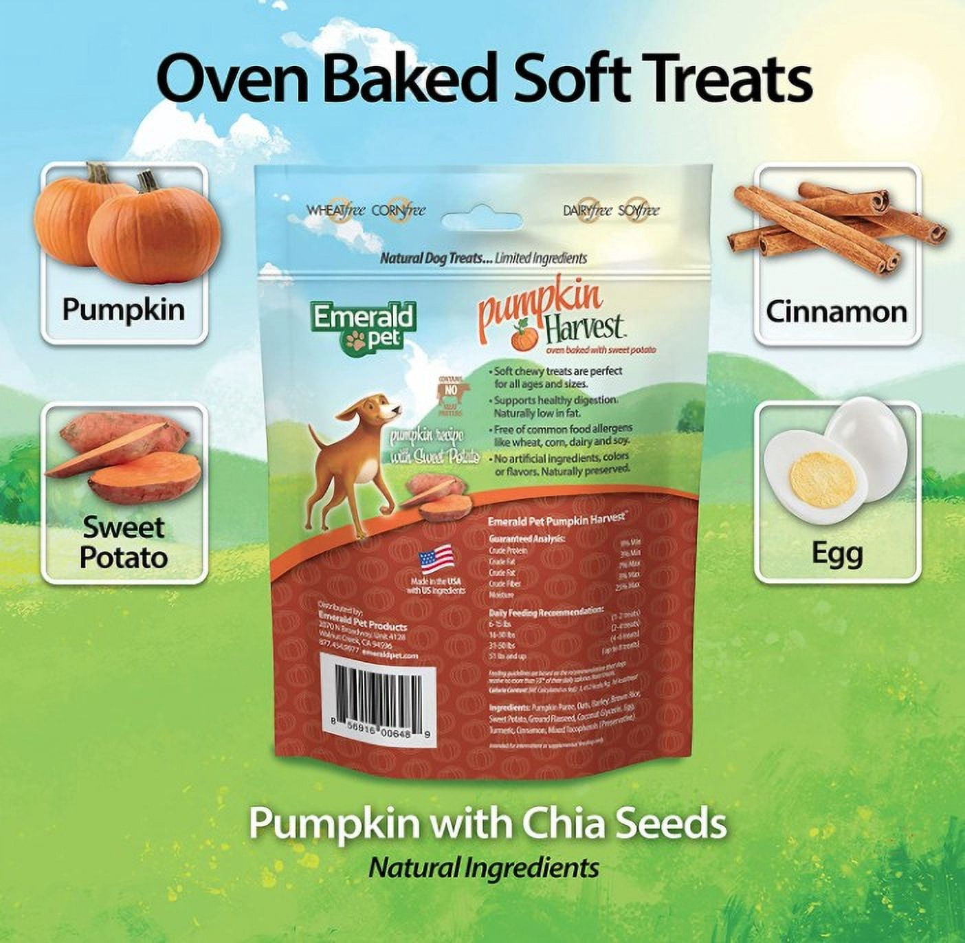 4 Pack Emerald Pet Pumpkin Harvest Oven Baked Dog Treats with Sweet Potato [USA Dog Treats, Bulk Dog Supplies, Emerald Pet] 24 oz (4 x 6 oz)
