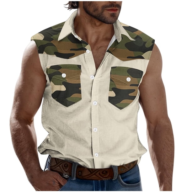 Camisas de Cuello para Hombres, Moda Casual Día de la Independencia Imprimir Turndown Bolsillos sin Mangas Tanque Deportivo