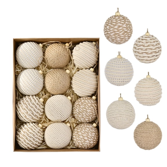 Christmas Ball Ornaments Farmhouse Rope Hanging Balls Foam Rustic Ornaments, Linen Cream White Xmas Tree Decor for Holiday Wreath Garland Wedding Home