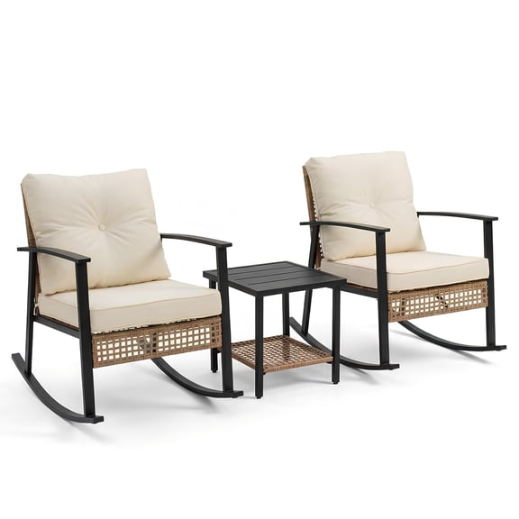 3 Piece Outdoor Rocking Bistro Set Patio Furniture with Thick Cushions 2 Tier Coffee Table Oversize Rattan Conversation Set Beige