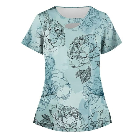 

BIZIZA Womens Scrubs Fitted V Neck Plus Size Scrub tops Hollow with Two Pocket Short Sleeve Graphic Cute Spring Tops for Women Tunic Light Blue M