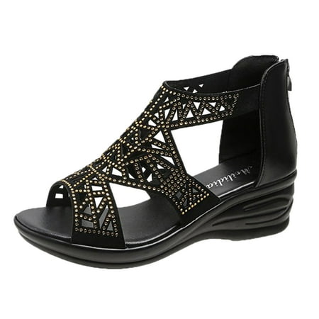 

ZHAGHMIN Rhinestone Women Sandals Retro Fashion Summer Hollow Roman Sandals Casual Womens Summer Beach Shoes Back Zipper Ethnic Style Gold Size8