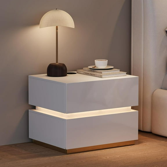 homary Smart Nightstand with Wireless Charging Station, USB & Type-C Ports, LED Light, 2 Drawers – Modern White Bedside Table for Bedroom Storage