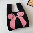 thumbnail image 5 of Women Girls Reusable Handmade Bow Tie Wrist Bag Knit Handbag Tote Bag Shopping Bags BLACK/WHITE, 5 of 8