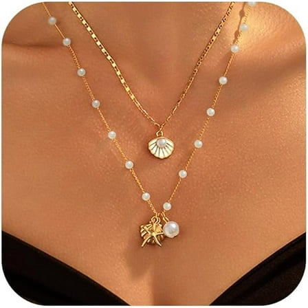 Gold Sea Shell Necklace,Layer Charm Necklace for Women Boho Seashell Beach Starfish Necklace for Women Halloween Costume Jewelry Accessories Dresses