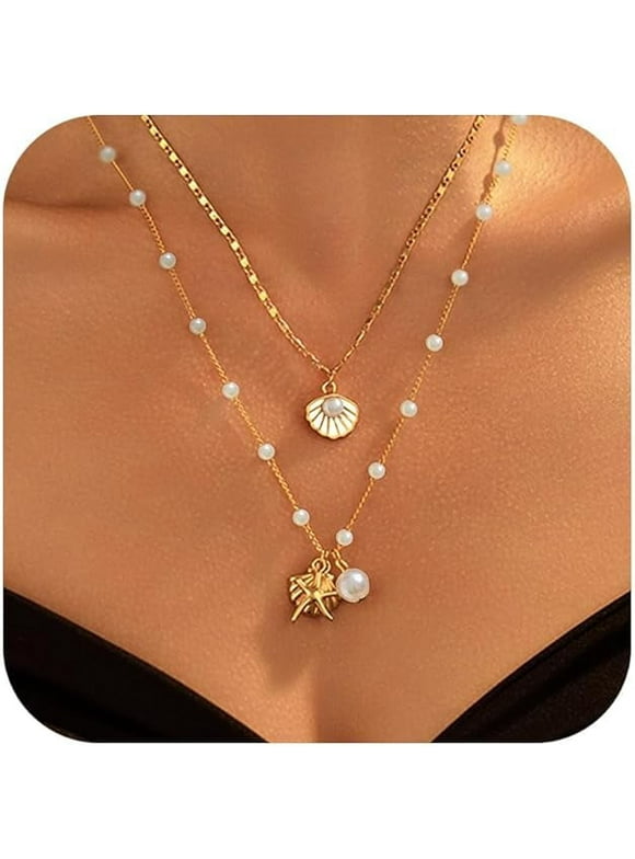 Gold Sea Shell Necklace,Layer Charm Necklace for Women Boho Seashell Beach Starfish Necklace for Women Halloween Costume Jewelry Accessories Dresses