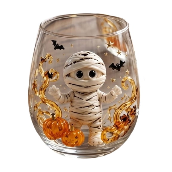 Spooky Halloween Artisan Glassware Collection, Handcraftedspooky Halloween Pattern Cup Stemless Drinking Glasses, Clear Cups for Cocktails Juice Iced Coffee Decor (A)