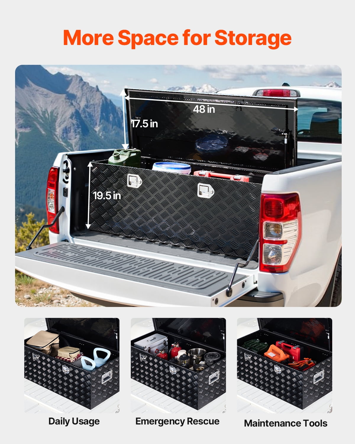 VEVOR Heavy Duty Aluminum Truck Bed Tool Box, Stripes Plated Tool Box with Side Handle and Locks Keys, Storage Toolbox Chest Organizer for Trailer, Pickup, Truck Bed, RV, 48"x19.5"x17.5", Black