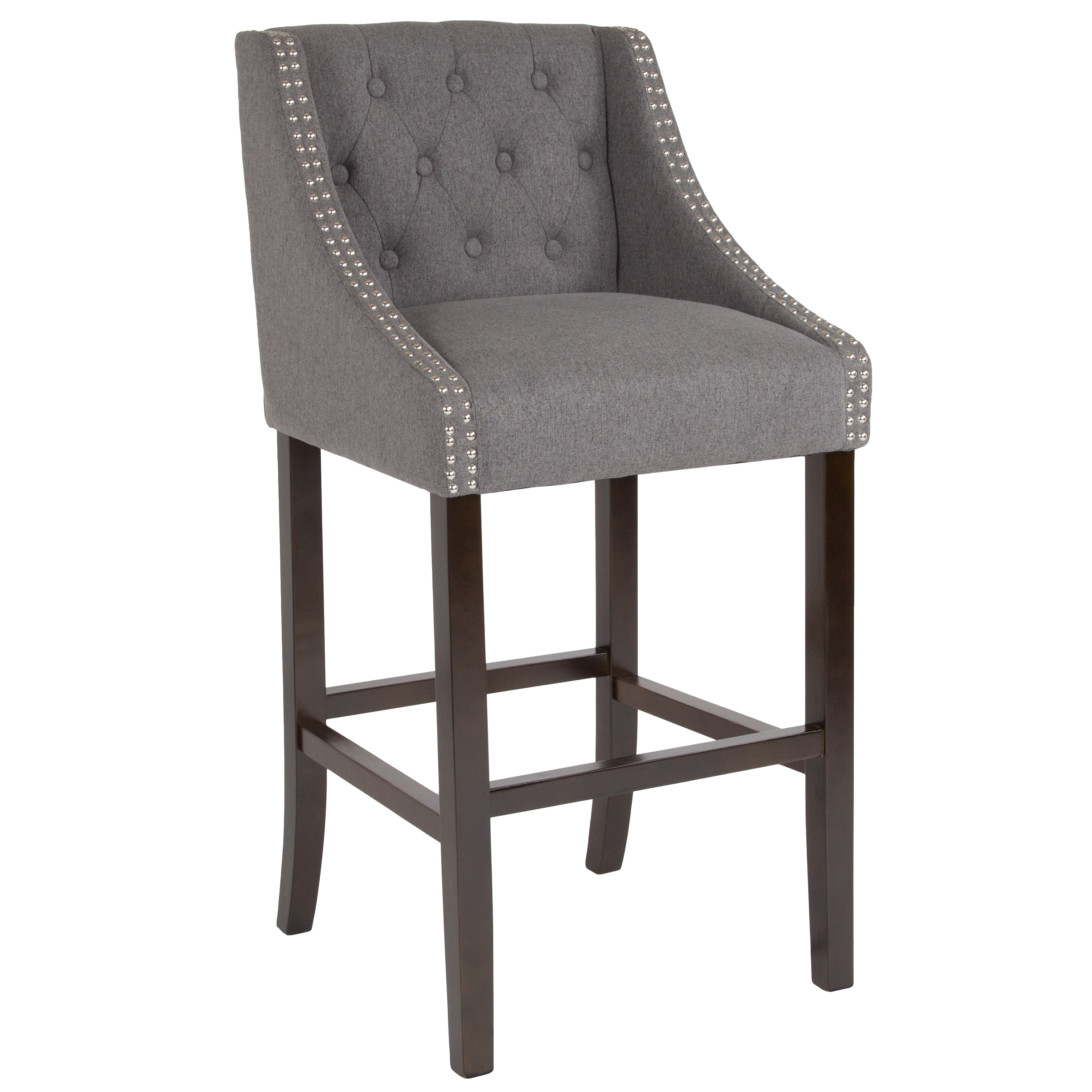 Photo 1 of Flash Furniture Carmel Series 30 High Transitional Tufted Walnut Barstool with Accent Nail Trim in Dark Gray Fabric

//chipped on leg and does not have screws.