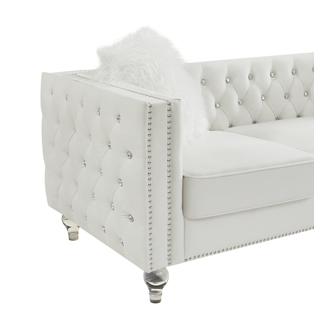 Modern Velvet Upholstered Loveseat Sofa with 2 Plush Pillows, Leisure 2-Seater Couch with Crystal Feet and Buckle, Lounge Sofa for Living Room, Bedroom, Office, Apartment, Beige