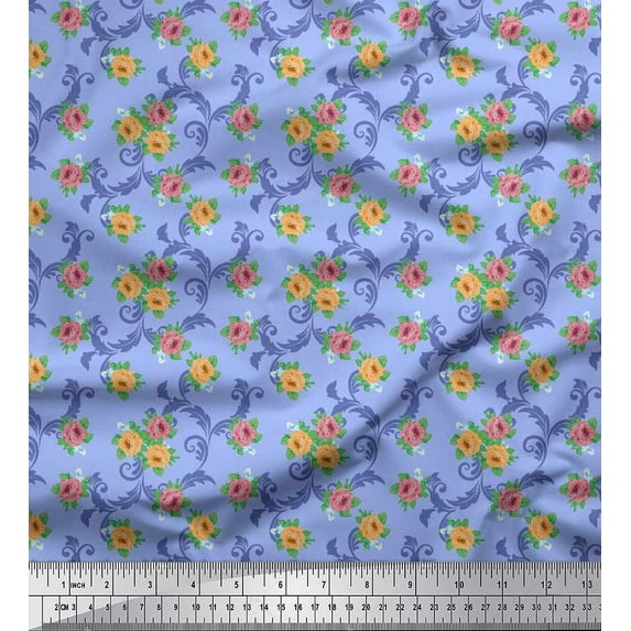 Soimoi Silk Fabric Swirl,Leaves & Rose Floral Fabric Prints By Yard 42 Inch Wide