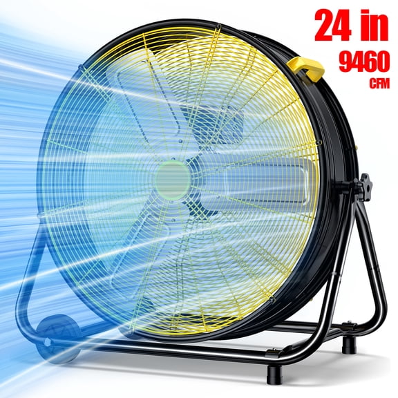 Osoeri 24 inch Industrial Drum Fan, 3 Speed ​​9460 CFM Heavy Duty Metal Cooling Floor Fan , 360° Tilt for Shop Outdoor, Patio, Warehouse, Commercial, Basement High Speed ​Fan