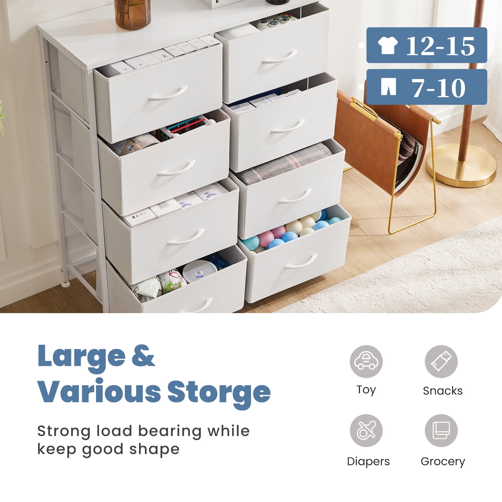 EDX 8 Drawers Dresser for Bedroom with Metal Frame, Wood Tabletop, Storage Chest Drawers, White