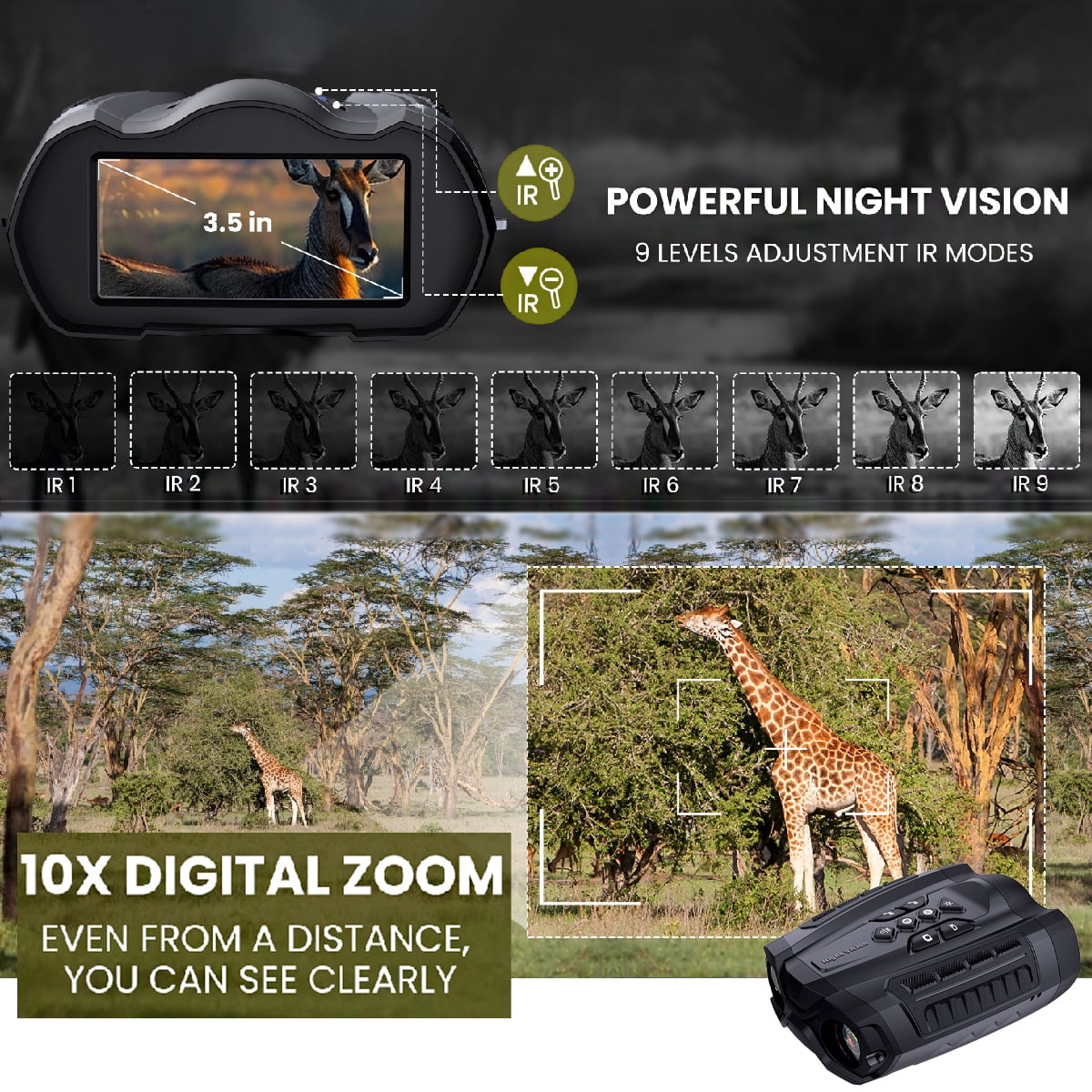 4K IR Night Vision Goggles, 3.5-inch HD LCD Screen Binoculars, 10x Digital Zoom, 1000ft Visible Distance, Outdoor Shooting Camera
