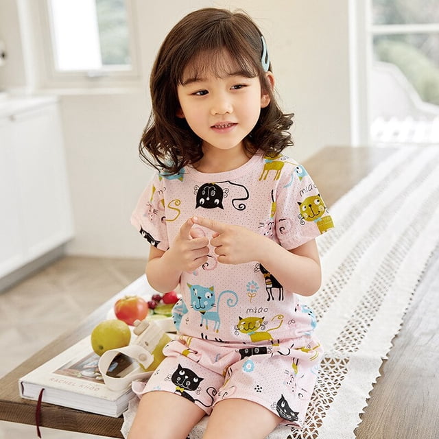Conjunto de pijama absorbente de algodón para niños, ropa interior de verano, traje de algodón para niños y niñas, conjunto fino de dos piezas de manga corta de 90cm Gao Jinjia LED