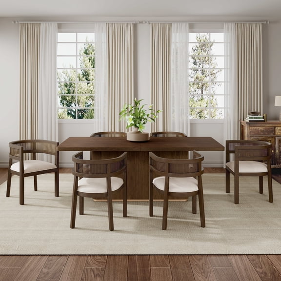 Christopher Knight Home 7-Piece Dining Set, 84" Rectangular Table with Beige Upholstered Ladder Back Chairs