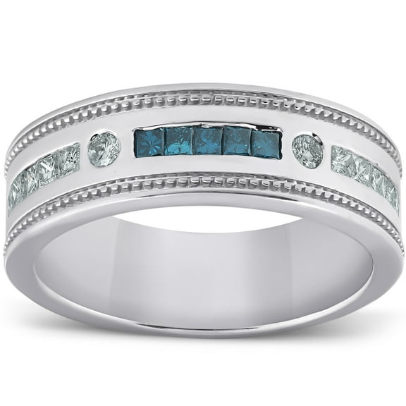 Pompeii 1/2 Ct Mens Blue Diamond Princess Cut Wedding Ring 10k White Gold (H,I1-I2)