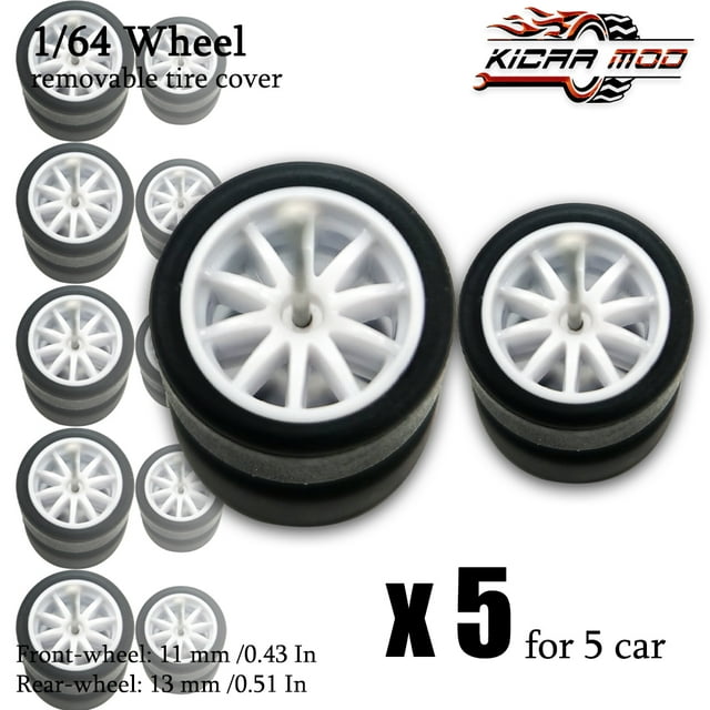 1/64 Front Small Rear Big Wheels with Detachable Slick Rubber Tires for Model Cars Refiting Parts for Hotwheels (5 Sets) RLCBS006