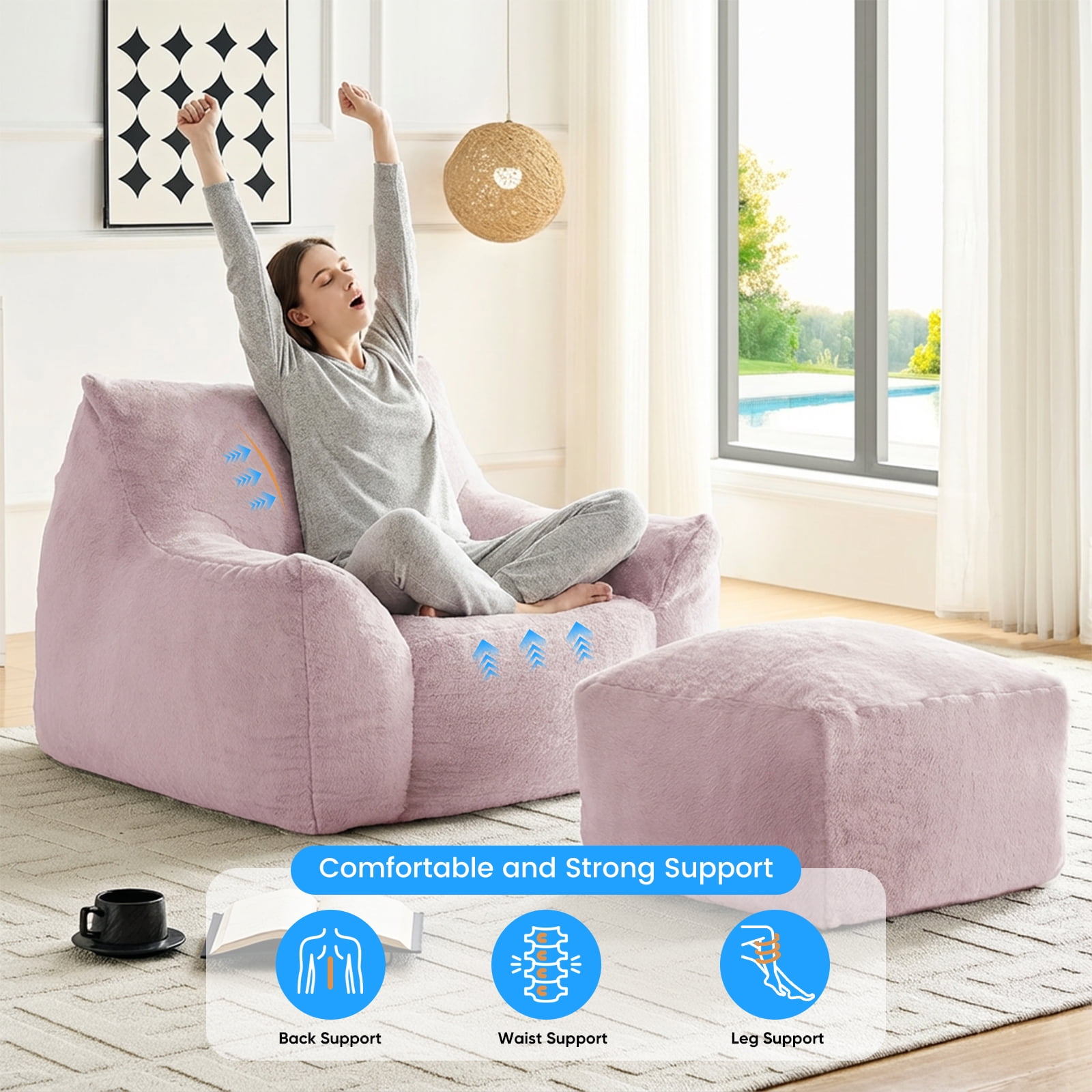 ZAFLY Oversized Bean Bag Chair for Adults, Faux Fur Large Comfy Chair with Footstool, Big Lazy Floor Sofa for Gaming - Pink