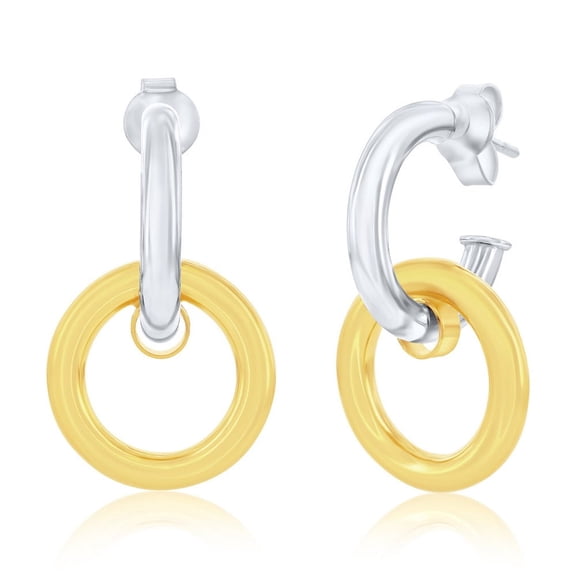 Beaux Bijoux Two-Tone Double Round Earrings in Sterling Silver - Unique Hypoallergenic Earrings - Dangling Circle Earrings for Women