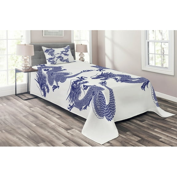 Ambesonne Blue Quilted Coverlet 2 Pcs, Japanese Dragons Mythical, Twin Size, Blue
