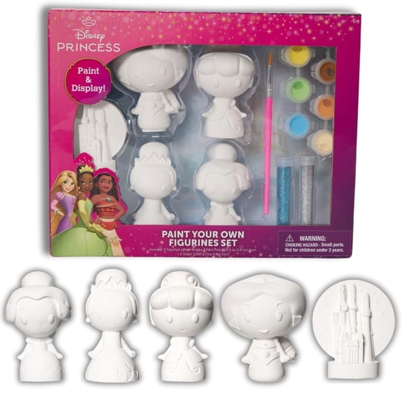 Disney Princess DIY Paint Your Own Figurines Arts and Crafts Set for Girls, Paint, Paint Brush, and Glitter – Cinderella, Belle, Tiana, Jasmine, and Princess Castle