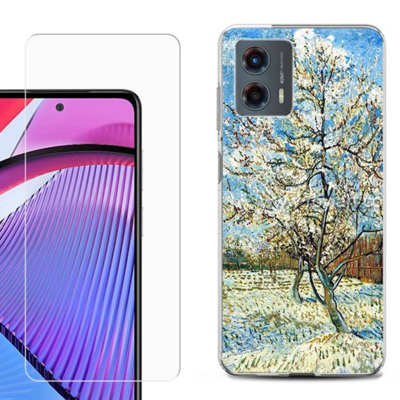 OneToughShield ® Compatible with Motorola Moto G 5G 2023, Shockproof Phone Case, with Tempered Glass Screen Protector - Peach Tree Blossom