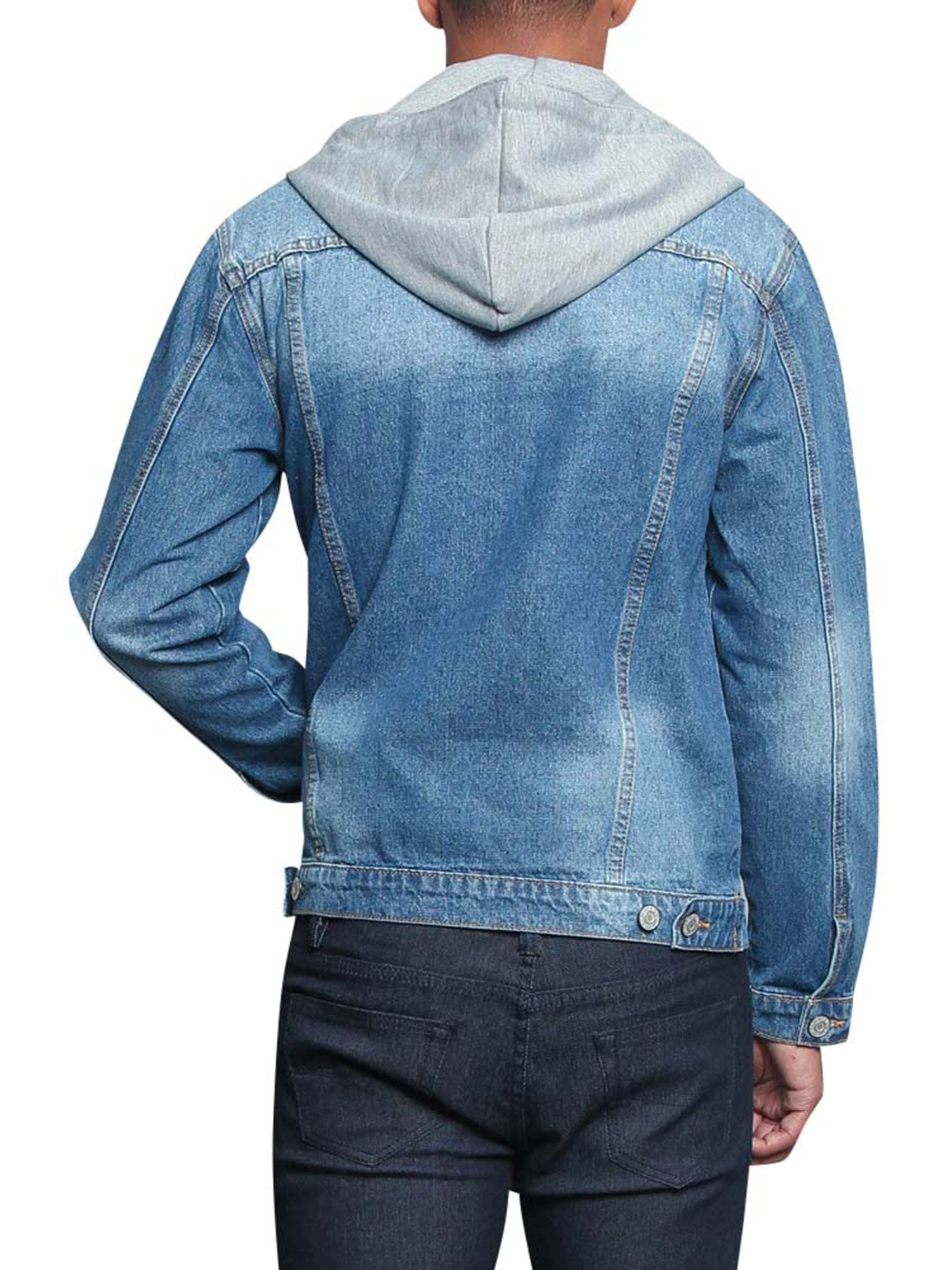 Victorious Men's Detachable Hood Layered Look Distressed Denim Jacket DK135  - Indigo - 3X-Large