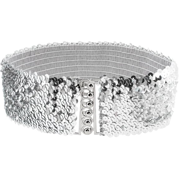 Woman Sequin Detail 7cm Wide Textured Strentchy Waist Cinch Belt Waistbelt Silver Tone