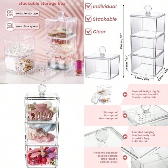 Hair Accories Organizer for Girls Clear 3 Stackable Acrylic Hair Tie Organizer for Headband Bows Cotton Swab Organization Bathroom Containers Hair Clip Holder Storage with Lids