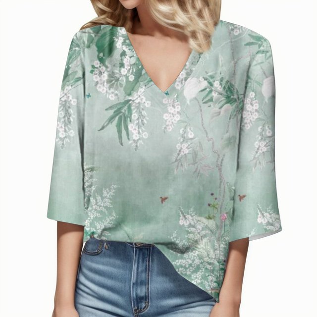 Gibobby Camiseta con cuello en V para mujer Camiseta informal con cuello en V y encaje con estampado vintage para mujer(Verde de menta,CH)