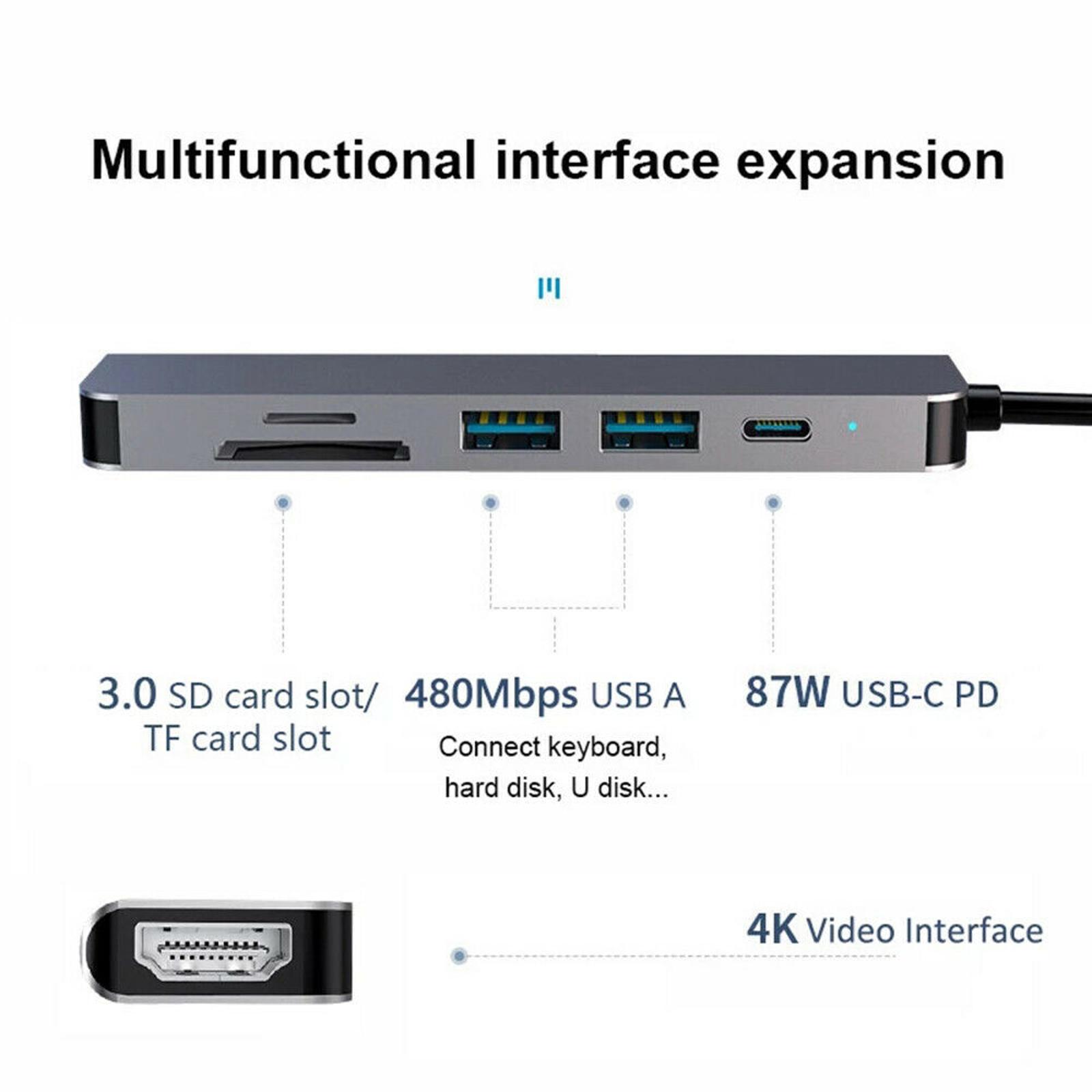Expand Type C Laptop with 6-in-1 USB Hub 4K, Dual Card Slots, Fast USB Ports, Power Delivery