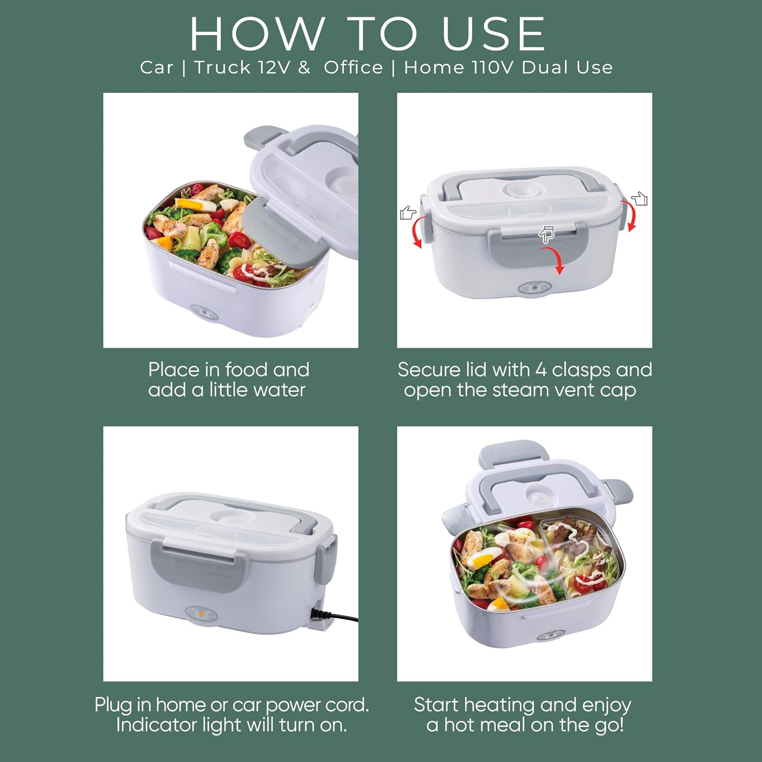 Cook With Color Heated Lunch Box Electric Food Warmer for Adults, Leakproof Insulated Portable Bento Box, 1.5L Green