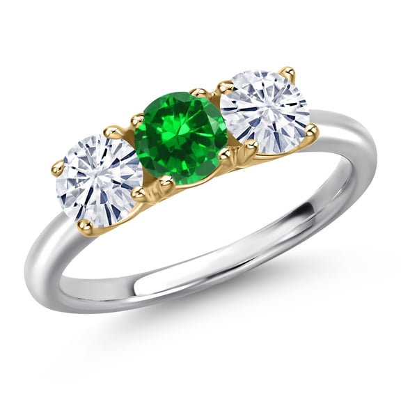 Gem Stone King 10K Two Tone Gold Green Created Emerald and White Moissanite Engagement Ring for Women | 1.84 Cttw | Round 5MM | Gemstone May Birthstone | Size 5